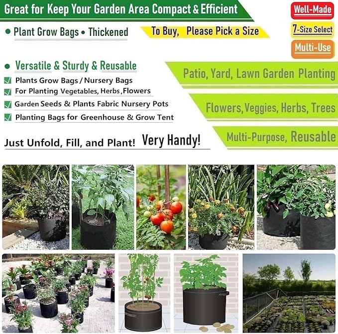 5-Pack 10 Gallon Thickened Plant Grow Bags (16x12 inch) Garden Bag Fabric Plant Pots for Tomato,Potato Planters,Herbs Veggies Planter Bag,Garden Pot,Flower Pot,Barrel Planter,Plant Container W/ Gloves