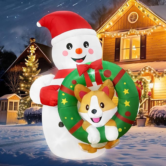 6FT Inflatable Outdoor Decorations, Christmas Blow Ups Snowman Decor with Corgi on The Wreath, Yard Decorations with LED for Outside Indoor Holiday Party Lawn