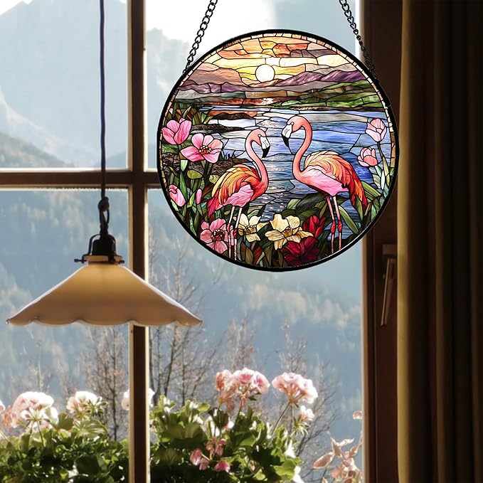 Stained Glass Window Hanging - Flamingo Wildflowers Landscape Suncatcher for Door Terrace Garden Home Decor Sunset Lake Sun Catcher Birthday Gifts for Lovers Women Men Dad Mom Nana 7.8 in
