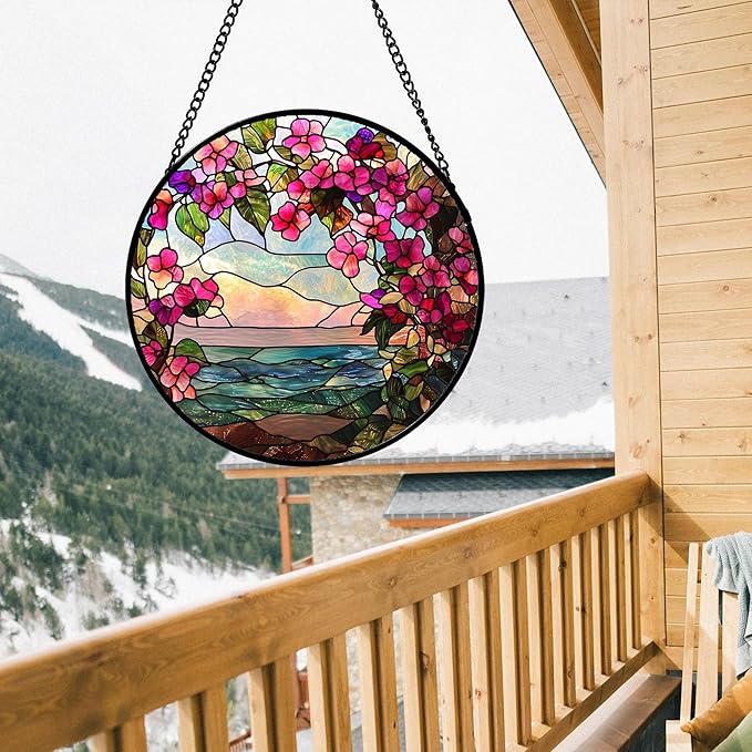 Stained Glass Window Hanging, Purple Flower Landscape Wreath Sun Catcher for Door Home Decor Plants Suncatcher Christmas Mother's Day Birthday Gifts for Women Men Mom Nana 15 in