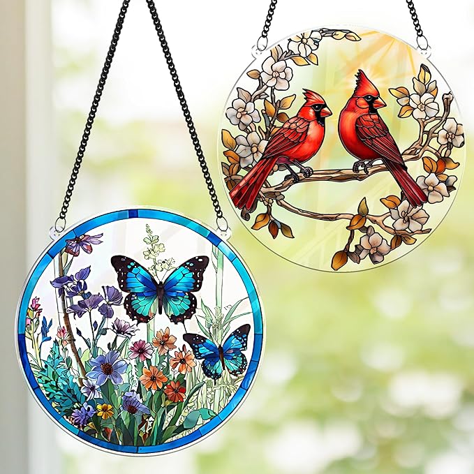 2 Cardinal Butterfly Acrylic Suncatcher, Art Decor for Home, Suncatcher for Window Hanging Indoor, Garden, Housewarming, Gift for Mom, Grandma, Women, Friend, Bird Lover SCB-A6-B3