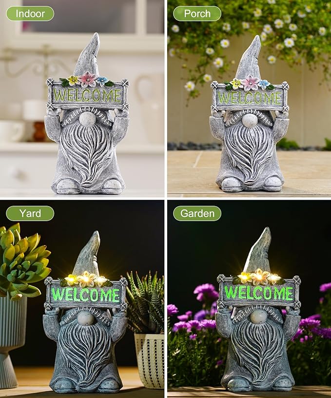 Nacome Solar Gnome Statue for Garden Decor: Outside Sculpture with Flower Welcome Sign Clearance for Yard Art Lawn Ornaments Porch Patio Balcony - Birthday Gifts for Grandma Mom Women(Grey)