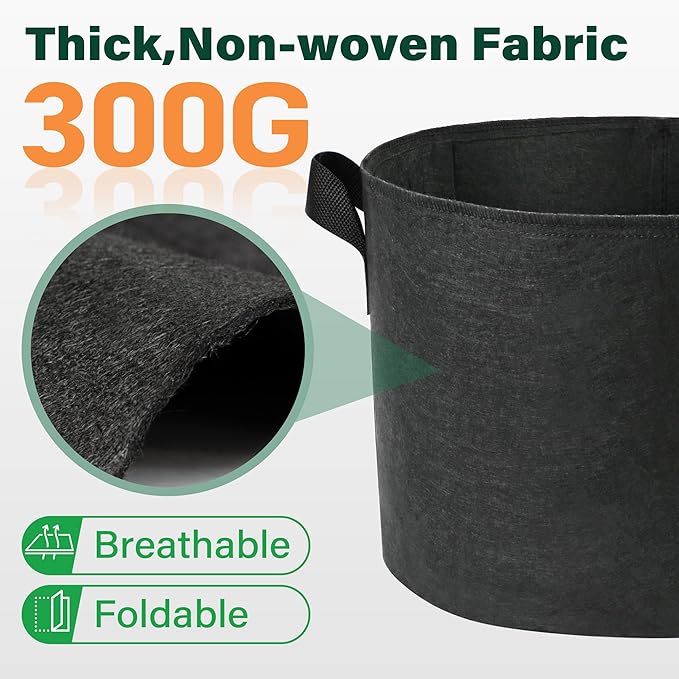 LotFancy 5 Pack 5 Gallon Grow Bags, Thickened Nonwoven Fabric Pots with Reinforced Handles, Heavy Duty 300G Aeration Planter Bags for Vegetables Flowers Fruits, Black