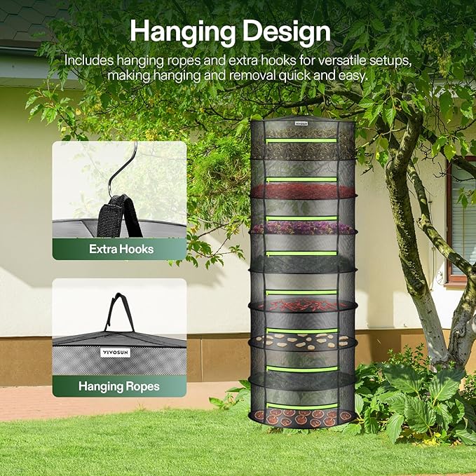 VIVOSUN 2-Pack 8-Layer Mesh Drying Rack Hanging Design with Green Zippers for Dehydrating, Indoor and Outdoor (Pruning Shears Included)