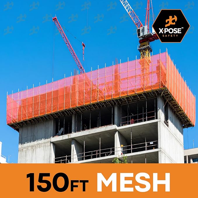 Xpose Safety Construction Safety Debris Netting - 150 Ft Temporary Material Roll, 1/4" Mesh Scaffold Net Enclosure, Visibility Barrier, Fencing Roll, Heavy Duty Fire Retardant 5.5 ft x 150 ft, Orange