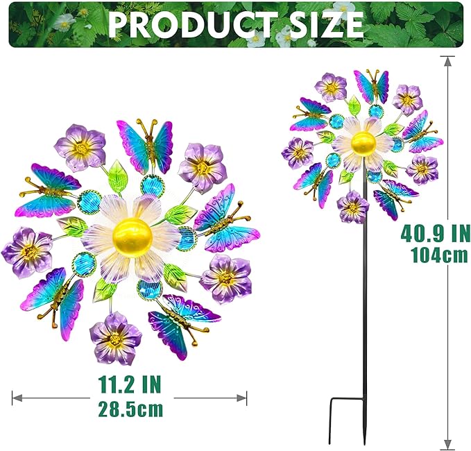 Solar Wind Spinners Outdoors for Yard and Garden - 40 Inch Metal Wind Sculpture, Outdoor Kinetic Windmill with Multi-Color Led Lights for Patio, Lawn & Garden Decoration (Butterfly)