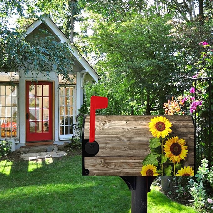 Summer Sunflowers Mailbox Covers Oversized Vintage Board Floral Mailbox Wrap Welcome Seasonal Flowers Post Letter Box Cover Mailbox Post Cover Large Size 25.5" X 21" for Garden Yard Decor