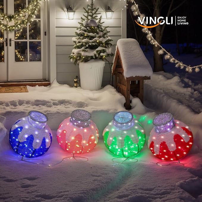 VINGLI 4 Packs Pop Up Ornaments Collapsible Christmas Decorations with 320 LED Lights, 18in Pre Lit Christmas Ball Holiday Decor for Indoor Outdoor Lawn Garden Patio, 4 Packs