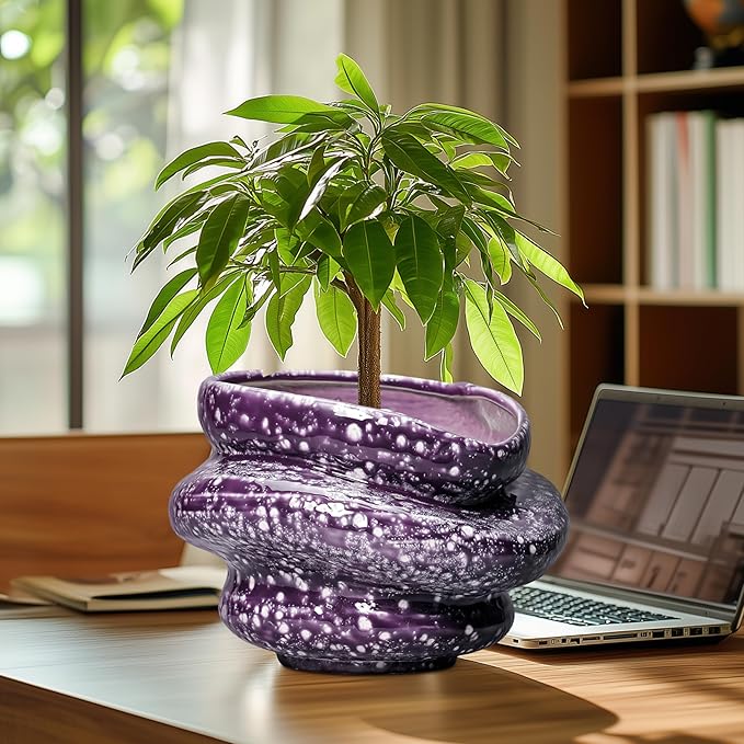 Ceramic Pots for Plants - 11 Inch Ceramic Plant Pots Indoor with Drainage Hole, Unique Planters for Indoor Outdoor Plants, Decorative Planter, Garden Room Decor, Housewarming Gifts, Purple