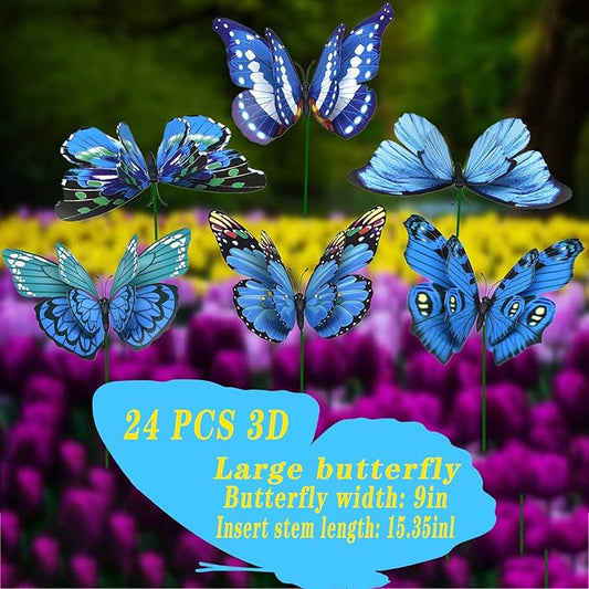 Giant Butterfly Garden Stakes Decorations Outdoor 3D Blue Butterflies Lawn Decorative Yard Decor Patio Accessories Ornaments PVC Gardening Art Christmas Whimsical Gifts (Pack of 24)