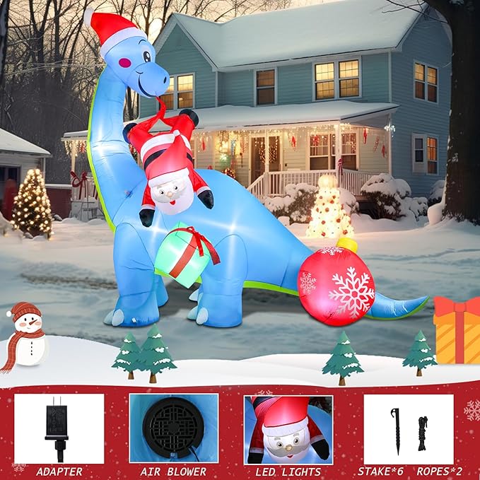 10FT Christmas Inflatable Outdoor Decorations, Inflatable Dinosaur and Santa Claus Built-in LED Lights Blow Up Yard Decorations for Holiday Indoor Outdoor Party Garden Lawn