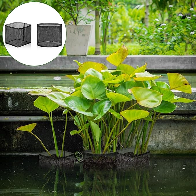6 Pcs Aquatic Planting Bags, 3 Round and 3 Square 7.1" Reusable Mesh Water Gardens Plant Pots, Aquatic Plants Growing Container with Handles, Breathable Lily Pots for Bog and Terrestrial Plants