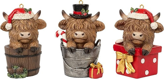 Christmas Highland Cow Figurines Decor, 3 PCS Small Christmas Cows Hidden in Barrel/Bucket/Gift Box, Hanging Ornaments Xmas Resin Statue for Garden Bathroom Kitchen Home Table Decorations