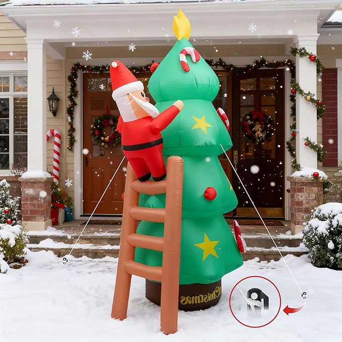 9FT Christmas Inflatables Decorations Santa Claus Climbing Ladder with Christmas Tree, Built-in Bright LEDs, for Yard Garden Lawn Home Party