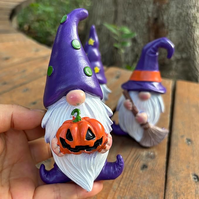 Purple Wizard Witch Gnomes Set of 3 - Mini Resin Figurines for Tiered Tray, Mantel and Gothic Home Decor Storybook Charm Gothic Gnomes Collection