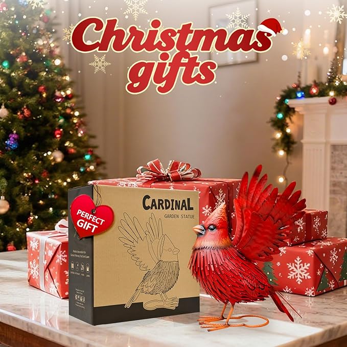 Nacome Cardinal Garden Decor Metal Yard: Art Outdoor Sculptures & Statues Large Red Bird Ornaments for Patio Balcony Front Backyard - Christmas Birthday Gifts for Mom Grandma Women