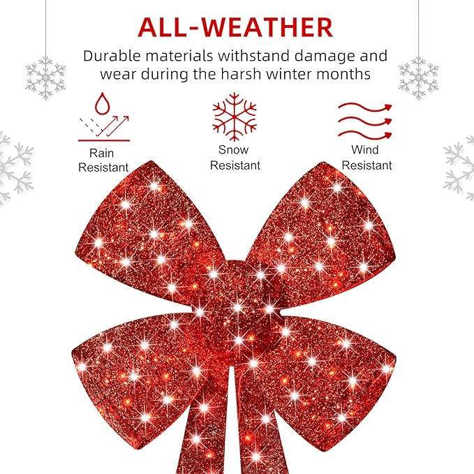Lighted Giant Christmas Bows Decoration - HOYECHI Lighted Large Outdoor Bows for Wreaths, Outdoor Hanging Christmas Decorations, LED Holiday Yard Décor with 105 Lights - Red