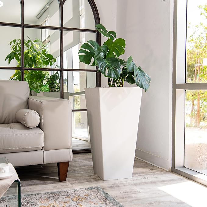 XBrand Modern 30-Inch Tall Square Planter, Tapered, Perfect for Indoor & Outdoor, Patio Decor, White