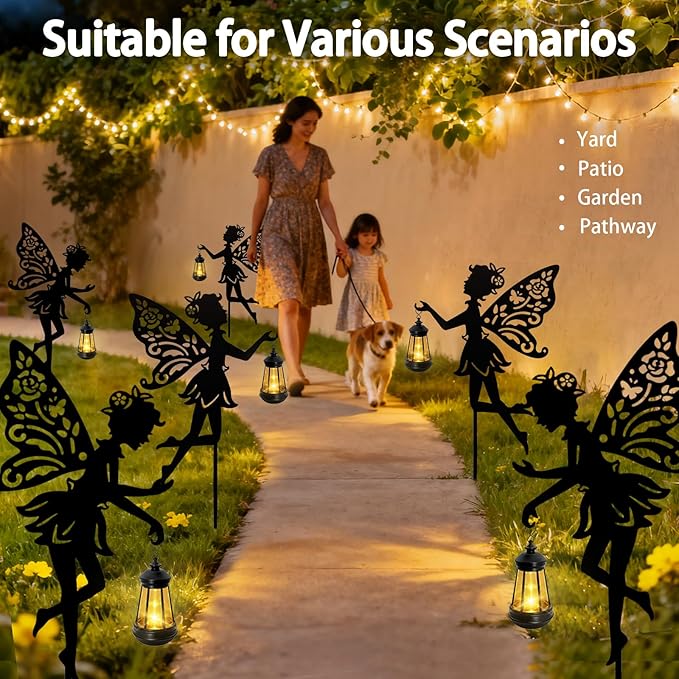 Solar Fairy Garden Statues Outdoor Decor, 2 Pack Metal Fairy Figurine Light Stake,Christmas Housewarming Ornament for Patio, Lawn, Yard, Pathway - Unique Gift Ideas for Gardening Mom Grandma Birthday