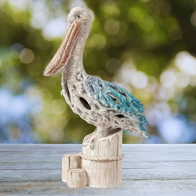 Blue Pelican on Post Figurine – 13.75” Coastal Nautical Decor, Coral Reef Ocean Statue for Beach Home Accent, Shelf, Mantel, or Tabletop Display