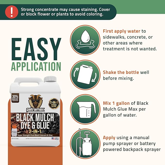 PetraMax Mulch Glue for Landscaping - Max Concentrate Weed Barrier, Non-Toxic Pea Gravel Binder, Rock Stabilizer for Landscaping - Dries Clear (Black Dye, 1G)