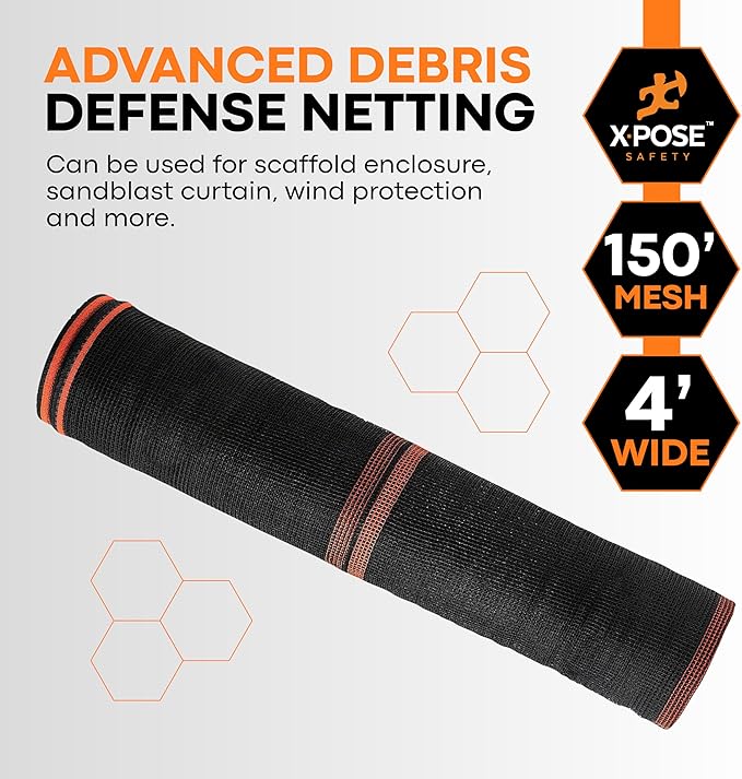 Xpose Safety Construction Safety Debris Netting - 150 Ft Temporary Material Roll, 1/4" Mesh Scaffold Net Enclosure, Visibility Barrier, Fencing Roll, Heavy Duty Fire Retardant 4 ft x 150 ft, Black