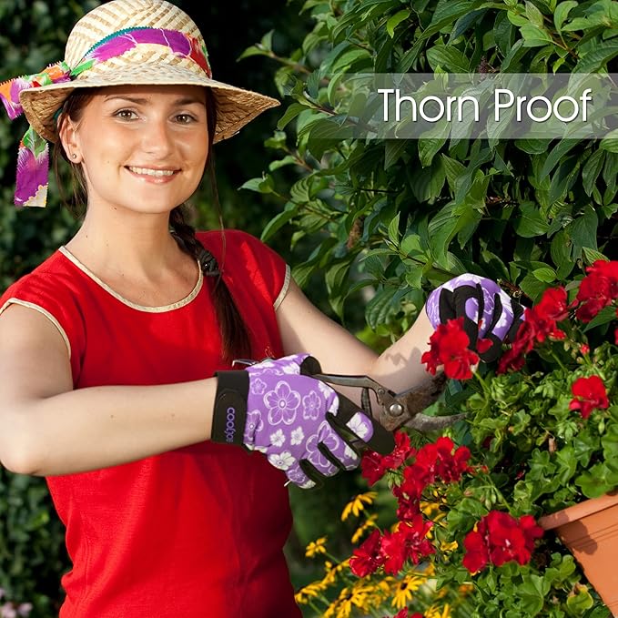 COOLJOB Medium Gardening Work Gloves for Women Ladies, Thorn Proof for Rose Pruning, Cactus Handling, Blackberry Bush Planting, Puncture Resistant Anti-Slip Flexible, 1 Pair M Floral Purple
