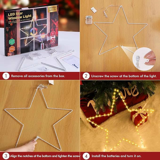 Marchpower Christmas Window Star Silhouette Lights, 19inch 70LED Warm White Large Star Lighted Xmas Decoration - Battery Operated Twinkle Fairy Light Timer Outdoor/Indoor Wedding Party Home Décor-1pc
