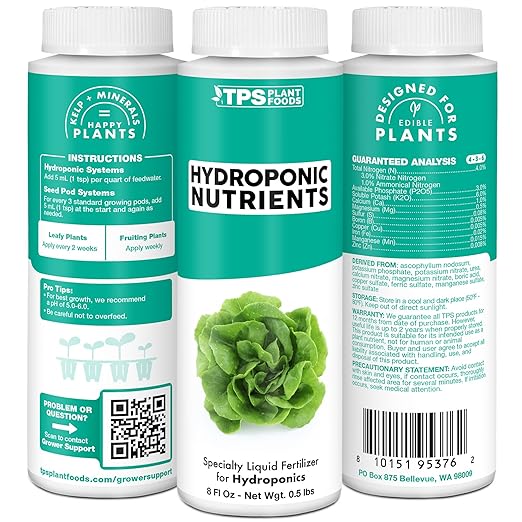 Hydroponic Nutrients for Edible Plants, One Part Complete Liquid Plant Food for Hydroponic Systems, 8 oz (250mL)