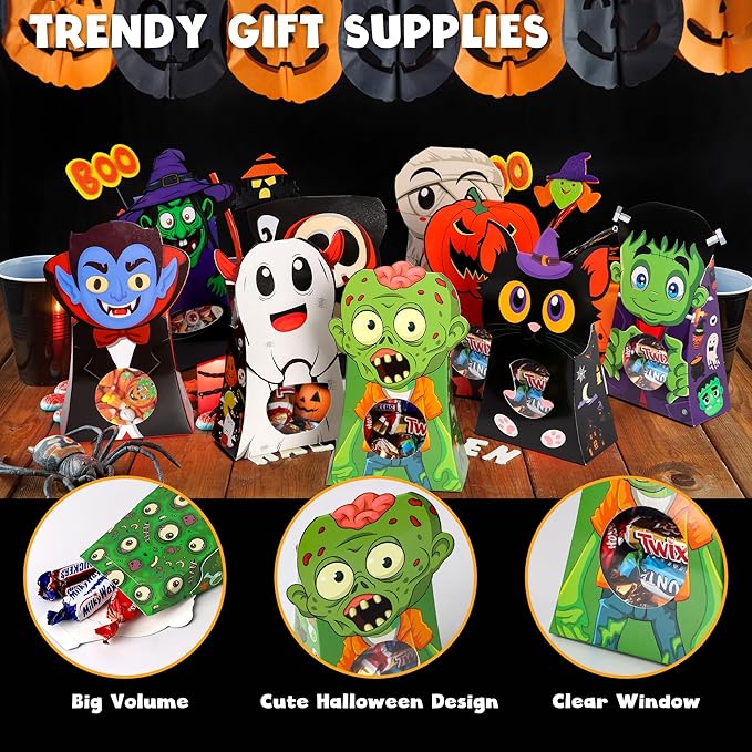 Giiffu 54-Pack Halloween Treat Boxes with Clear Window - 9 Designs Trick or Treat Candy Bags for Kids Party Favors Supplies, Classroom Exchange (6 x 4 x 2 Inches)