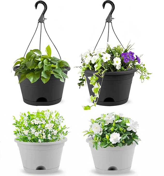 4 Pack Hanging Planters, 10 Inch Plant Pots with Hanger Chain & Drainage Trays, Hanging Baskets for Plants Outdoor Indoor, Flowers Pots for Home, Garden, Porch Decor (2 Grey + 2 Black)