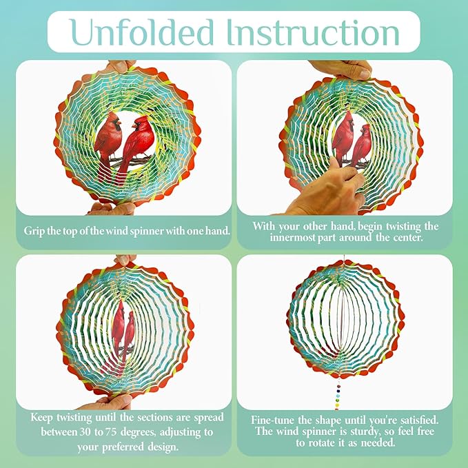 Cardinal Wind Spinner Crystal Tail, Marzovitra 10 inch 3D Stainless Steel Hanging Wind Spinner Metal Wind Catchers Kinetic Sculpture for Indoor,Outdoor Garden Decor,Yard Art