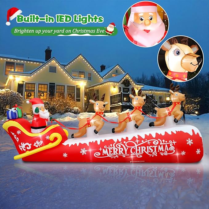 FunFanso 12FT Christmas Inflatable Santa Claus on Sleigh with 3 Reindeers Outdoor Decorations, Giant Christmas Blow Up Yard Decorations with Bright LED Lights for Lawn Street Garden Xmas Holiday Party