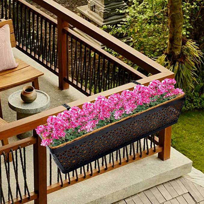 Halatool 2 Pack Window Box Brackets for Railing, Adjustable Heavy Duty Iron Window Flower Holder, Outdoor Sturdy Railing Planter Box Brackets for Fences, Balconies, and Gardens