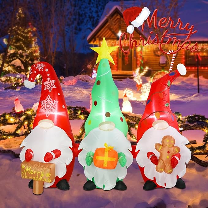 5.9 FT Long Christmas Inflatables Gnomes Outdoor Decorations, Blow up Christmas Gnome with Built-in LED Lights for Outdoor Holiday Yard Lawn Party Decor