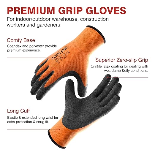 COOLJOB 36 Pairs Safety Work Gloves with Grip Latex, High-vis Assorted Colors in Orange Blue Yellow, Rubber Dipped Gloves for Moving, Gardening, Farming, Package Handler Postal Worker Gift, XLarge