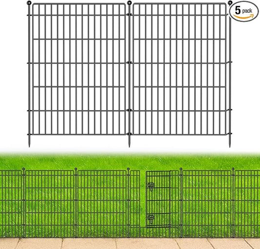 5 Panels No Dig Garden Fence with Gate, 34in(H) × 11.25ft(L) Decorative Metal Outdoor Dog Fence, Rustproof Pet Fencing for Yard, Patio, Flower Bed -Temporary Fencing| Easy to Install