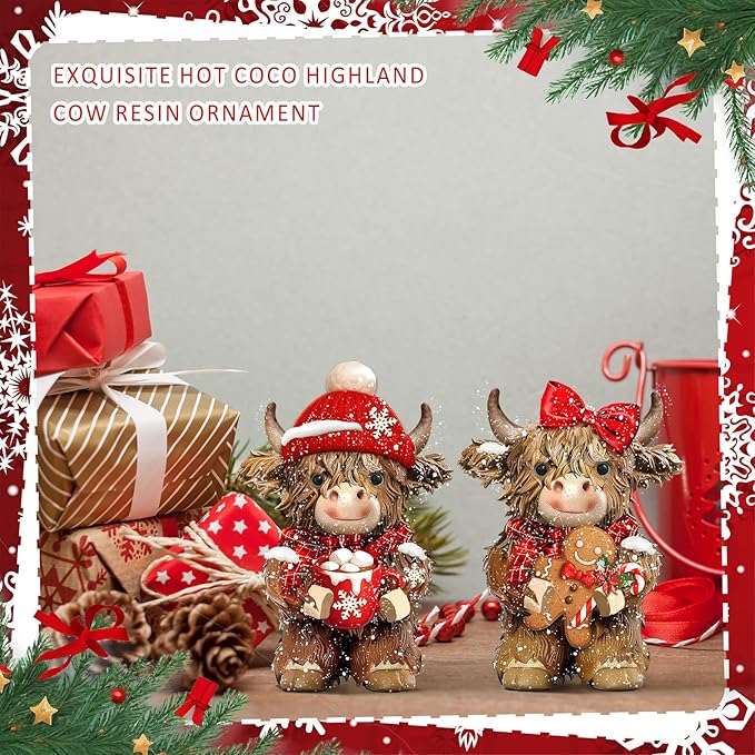 2 Pcs Christmas Highland Cow Figurines Decor Cow Gnomes with Santa Hat Christmas Resin Statue Calf Lovers Gifts for Farmhouse Home Garden Bathroom Kitchen Office Tiered Tray Table Decor