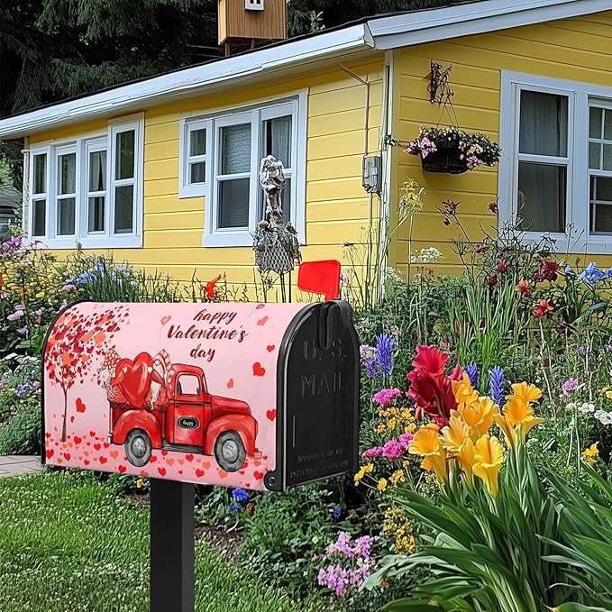Gnomes Truck Red Valentines Day Mailbox Cover, Standard Size, Waterproof Oxford Fabric, Magnetic, 21x18 Inch