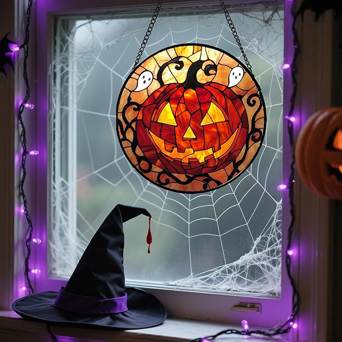 Stained Glass Window Hanging - Halloween Decorations Evil Pumpkin Orange Suncatcher for Doors Garden Indoor Funny Spooky Sun Catchers Gothic Decor Horror Gifts for Women Men Friend 9.8 in