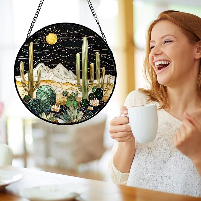 Stained Glass Window Hanging, Black and White Golden Cactus Nature Suncatcher for Doors Window Home Starry Sky Sun Catchers Decor Mother's Day Birthday Gifts for Women, Men Mom 6.3 in