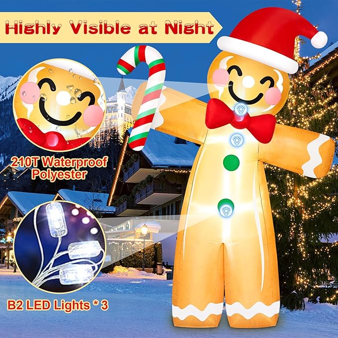 8FT Tall Giant Gingerbread Inflatable Christmas Decorations Outdoor Candy Cane, Built-in LED Lights Funny Ginger Bread Blow Up Outside Decoration for Xmas Holiday Indoor Party Yard Lawn Garden Decor