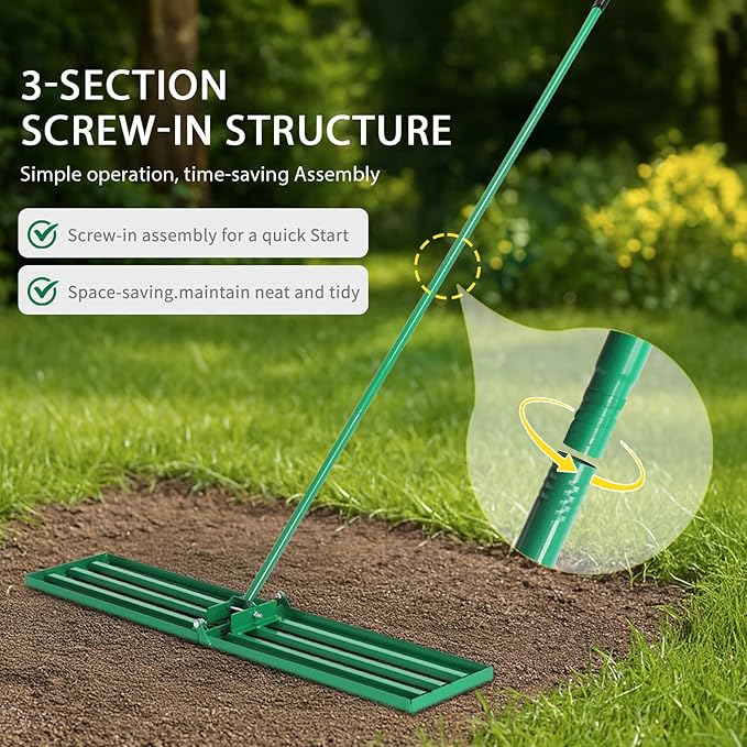 VINGLI Iron Lawn Leveling Rake 30in for Soil Sand Composs, Extended Handle, 180°Rotation Head, with All Handwares, for Yard Garden Golf Field, Green (30in)