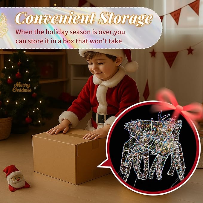VINGLI 3-Piece Lighted Iridescent Christmas Reindeer Family Set, 3FT Buck Doe Fawn Outdoor Yard Decorations, Pre-lit 110 Warm White LED Lights, Weatherproof Xmas Lawn Garden Home Decor