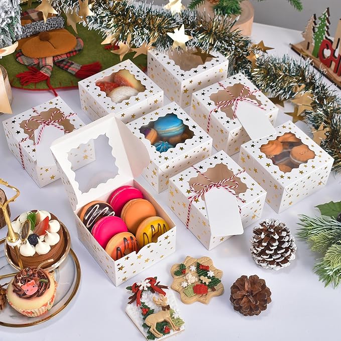 32Pcs 4x4x2.5 in Christmas Cookie Boxes with Window, White Bakery Boxes for Cookie, Treat Boxes Pastry Boxes for Gift Giving, Chocolate Covered Strawberries, Dessert, Donut, Cupcakes Muffins