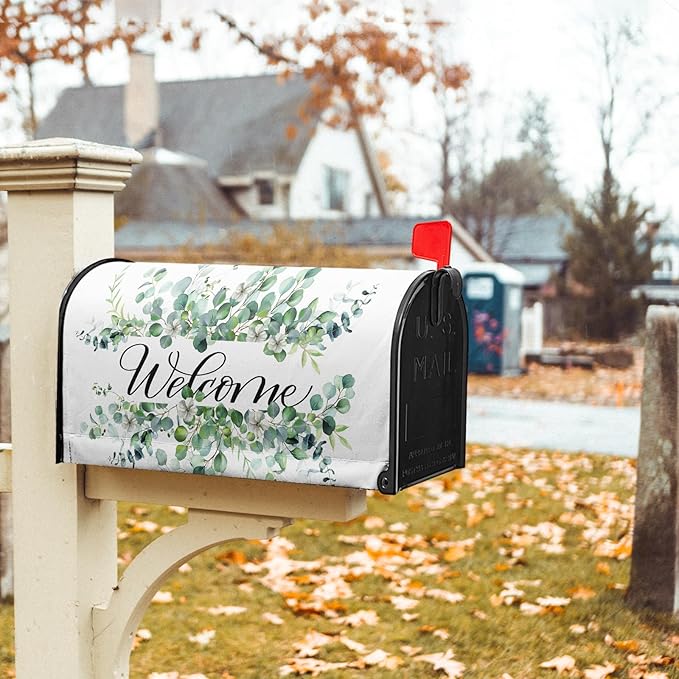Welcome Spring Summer Mailbox Covers Magnetic- Large Size 25.5x21 Inch- Sage Green Eucalyptus Leaves Wreath Mailbox Wrap Letter Post Cover Decoration for Yard Garden Outdoor Home