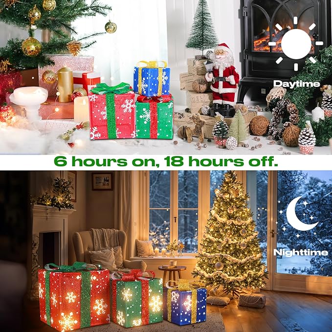 Christmas Lighted Gift Boxes, Set of 3 Light Up Boxes Set, Holiday Decorations, Battery Operated 8 Light Modes for Holiday Indoor Outdoor Christmas Tree, Yard, Home Decor