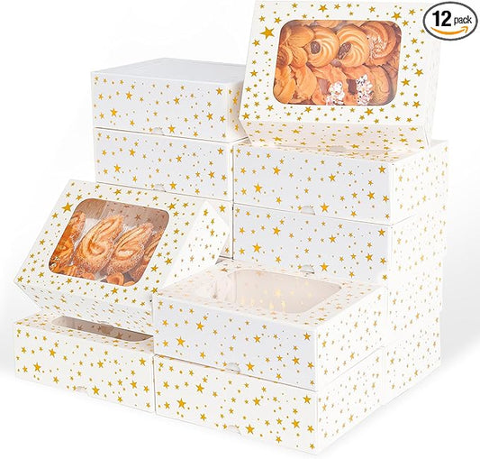 12pcs Cookie Boxes with Window, 8.25x6x2.75in White Treat Boxes with Window Gold Foil Star Bakery Cake Boxes for Christmas Gift Giving Pastry Dessert Cupcakes Candy Donut Packaging