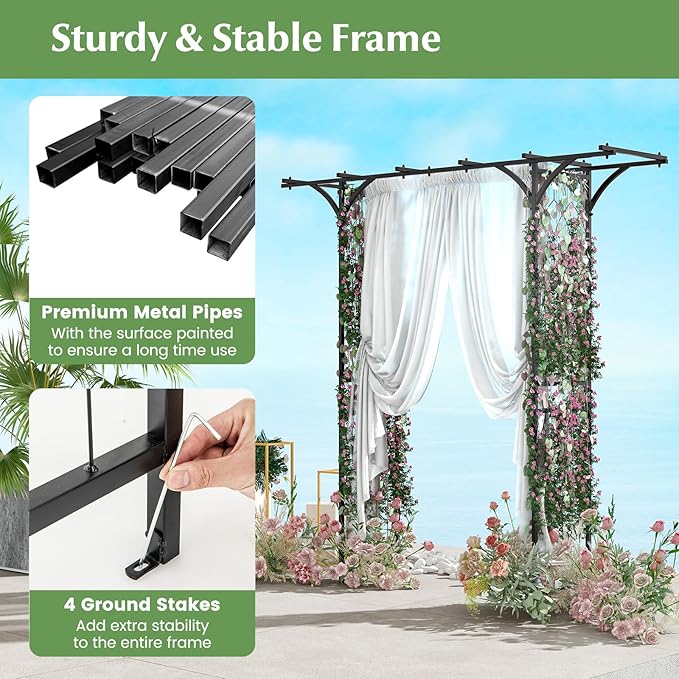LDAILY Wedding Arch, 6.8FT Rustproof Metal Garden Arbor with Extended Roof & 4 Stakes, Outdoor Plant Support for Vines Roses, Decorative Trellis for Climbing Plants Outdoor for Lawn Wedding Ceremony