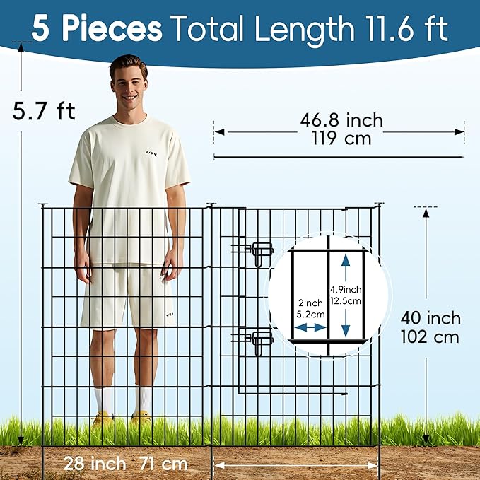 Metal Garden Fence 40 inch H x 28 inch W, 5 Panels (4 Panels + 1Gate), Total 11.6 ft, No Dig Fence Rustproof Animal Barrier Fencing for Dog, Rabbits, and Patio,Yard